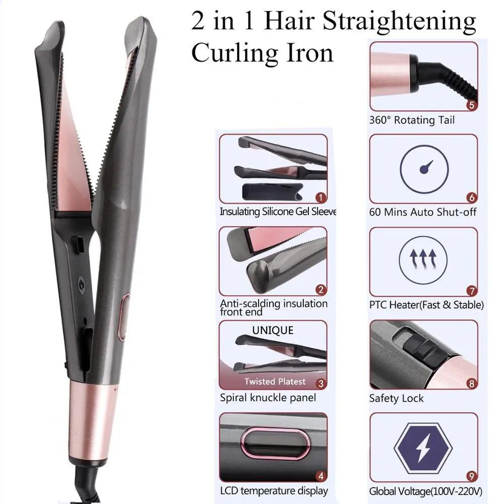 2 in 1 Hair Straightener and Curler Twist Straightening Curling Iron Professional Negative Ion Fast Heating Styling Flat Iron