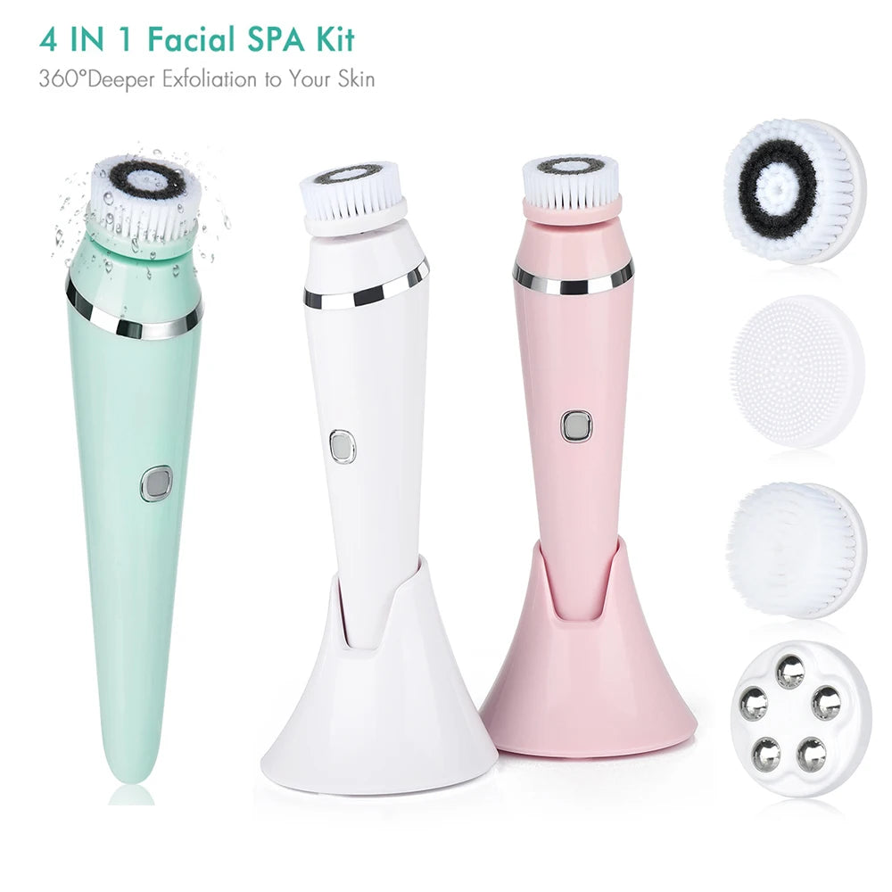 4 in 1 Facial Cleansing Brush Rechargeable Electric Waterproof Spin Exfoliating Wash Face Scrub Cleaner Kit Skin Care Machine