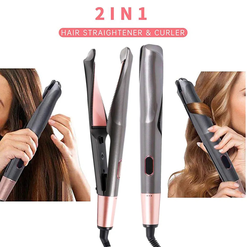 2 in 1 Hair Straightener and Curler Twist Straightening Curling Iron Professional Negative Ion Fast Heating Styling Flat Iron