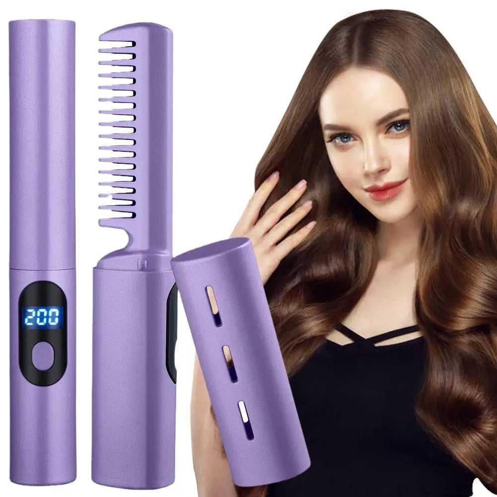 2 in 1 Lazy Hair Straightener 1500Mah Hair Hot Comb USB Rechargeable Mini Hair Straightener Fast Heating Brush Hair Styling Tool